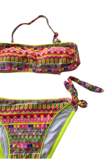 Kız Çocuk Neon Sarı Çok Renkli Astarlı 4-12 Yaş Straplez Bikini Takım HZL24S-LC6355