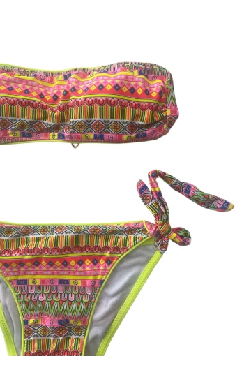 Kız Çocuk Neon Sarı Çok Renkli Astarlı 4-12 Yaş Straplez Bikini Takım HZL24S-LC6355