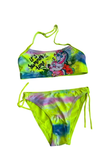 Kız Çocuk Neon Sarı Desenli  2-8 Yaş Straplez Bikini Takım HZL24S-LC3652