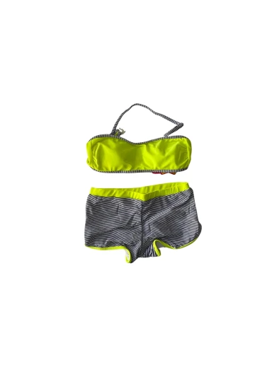 Kız Çocuk Neon Sarı Siyah Çizgili Şortlu 4-12 Yaş Straplez Bikini Takım HZL24S-LC9034