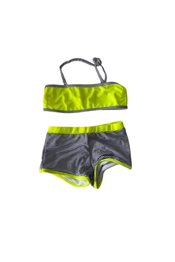 Kız Çocuk Neon Sarı Siyah Çizgili Şortlu 4-12 Yaş Straplez Bikini Takım HZL24S-LC9034