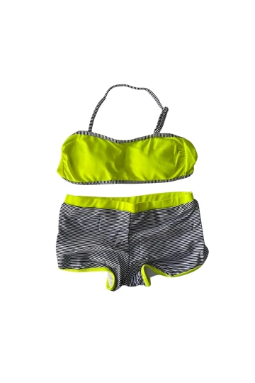 Kız Çocuk Neon Sarı Siyah Çizgili Şortlu 4-12 Yaş Straplez Bikini Takım HZL24S-LC9034