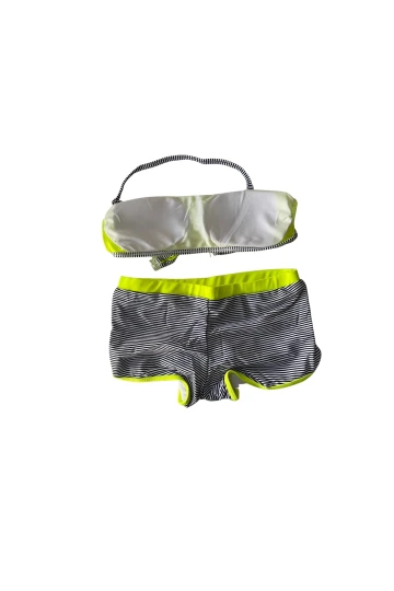 Kız Çocuk Neon Sarı Siyah Çizgili Şortlu 4-12 Yaş Straplez Bikini Takım HZL24S-LC9034