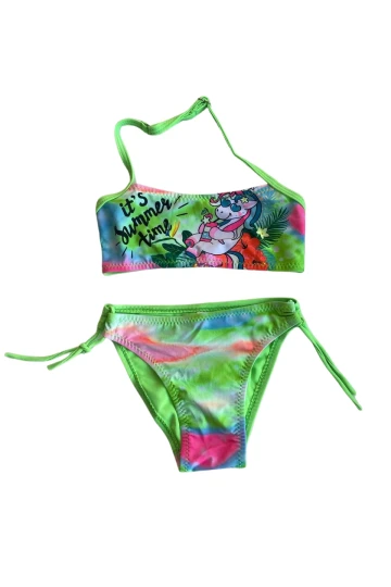 Kız Çocuk Neon Yeşil Desenli  2-8 Yaş Straplez Bikini Takım HZL24S-LC3652