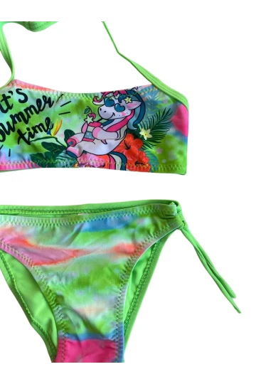 Kız Çocuk Neon Yeşil Desenli  2-8 Yaş Straplez Bikini Takım HZL24S-LC3652