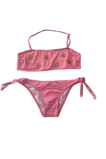 Kız Çocuk Pembe Beyaz Çizgili Arı Çıkartmalı 4-12 Yaş Straplez Bikini Takım HZL24S-LC3228