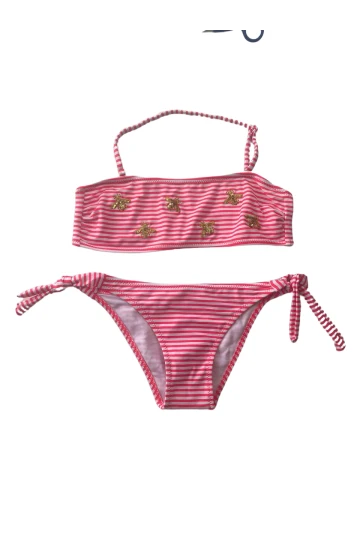 Kız Çocuk Pembe Beyaz Çizgili Arı Çıkartmalı 4-12 Yaş Straplez Bikini Takım HZL24S-LC3228