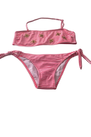 Kız Çocuk Pembe Beyaz Çizgili Arı Çıkartmalı 4-12 Yaş Straplez Bikini Takım HZL24S-LC3228