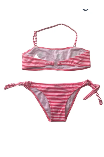 Kız Çocuk Pembe Beyaz Çizgili Arı Çıkartmalı 4-12 Yaş Straplez Bikini Takım HZL24S-LC3228