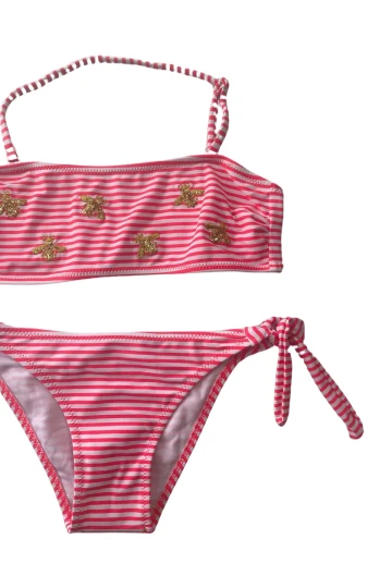 Kız Çocuk Pembe Beyaz Çizgili Arı Çıkartmalı 4-12 Yaş Straplez Bikini Takım HZL24S-LC3228