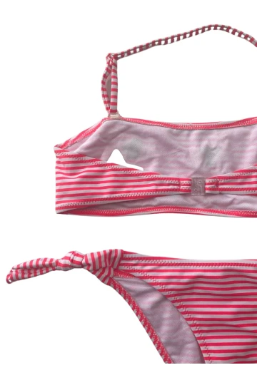 Kız Çocuk Pembe Beyaz Çizgili Arı Çıkartmalı 4-12 Yaş Straplez Bikini Takım HZL24S-LC3228