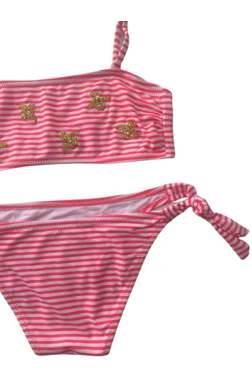 Kız Çocuk Pembe Beyaz Çizgili Arı Çıkartmalı 4-12 Yaş Straplez Bikini Takım HZL24S-LC3228