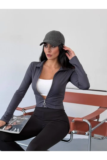 Kadın Antrasit Dalgıç Kumaş Fermuar Kapamalı Parmak Geçirmeli Sweatshirt HZL25W-FRY123441