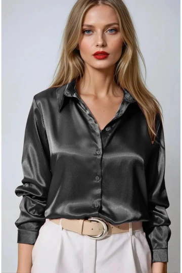 Kadın Antrasit Hafif Dökümlü Saten Yüzeyli Gömlek Hzl22w-bd139641
