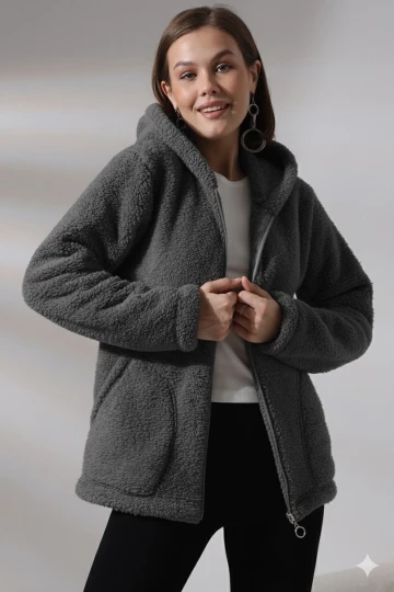 Kadın Antrasit Welsoft esnek kumaş Peluş Yumoş Önü Fermuarlı Kapüşonlu Ceket HZL23W-DSB110081