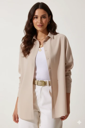 Kadın Bej Oversize Uzun Basic Gömlek HZL22W-BD139001