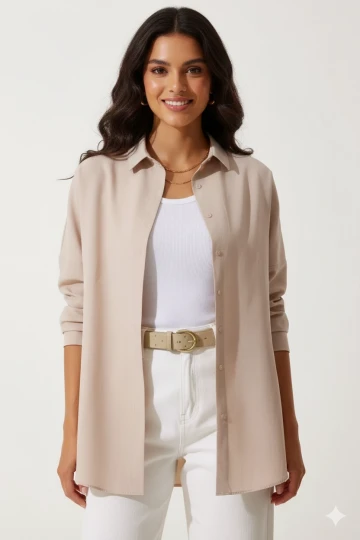 Kadın Bej Oversize Uzun Basic Gömlek HZL22W-BD139001