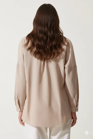 Kadın Bej Oversize Uzun Basic Gömlek HZL22W-BD139001