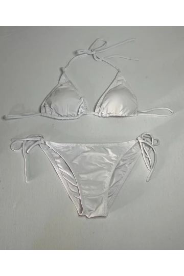 Kadın Beyaz Boyundan İp Bağlamalı Üçgen Bikini Takımı HZL25S-LC5005