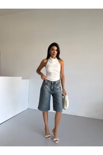 Kadın Beyaz Halter Yaka Sırtı Açık Sandy Bluz HZL25S-FRY123141