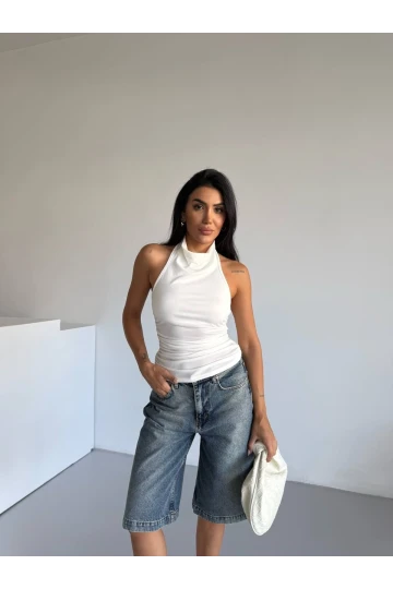 Kadın Beyaz Halter Yaka Sırtı Açık Sandy Bluz HZL25S-FRY123141