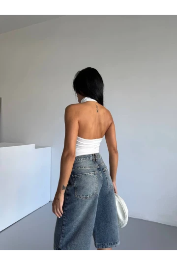 Kadın Beyaz Halter Yaka Sırtı Açık Sandy Bluz HZL25S-FRY123141