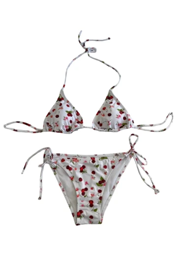 Kadın Beyaz Kiraz Temalı Boyundan İp Bağlamalı Üçgen Bikini Takımı HZL25S-LC5005