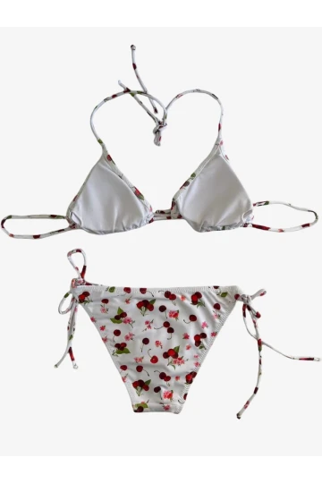 Kadın Beyaz Kiraz Temalı Boyundan İp Bağlamalı Üçgen Bikini Takımı HZL25S-LC5005