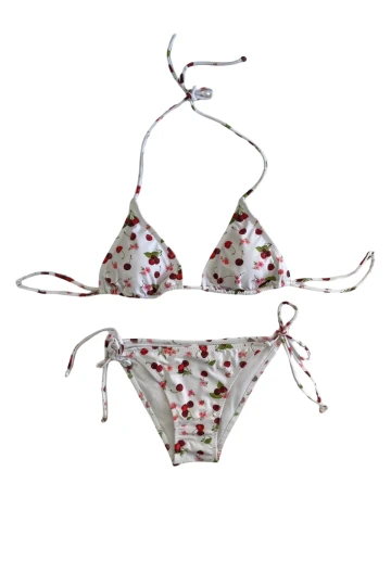 Kadın Beyaz Kiraz Temalı Boyundan İp Bağlamalı Üçgen Bikini Takımı HZL25S-LC5005