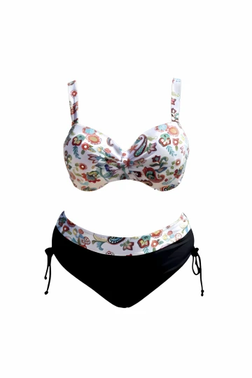 Kadın Beyaz Siyah Desenli Yüksel Bel Astarlı Büyük Beden Bikini Takımı HZL25S-LC3339