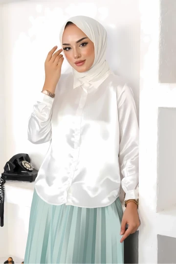 Kadın Beyaz Tesettür Küçük ve Büyük Bedenler Hafif Dökümlü Saten Yüzeyli Gömlek HZL25W-BD139641
