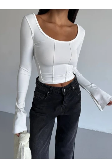Kadın Beyaz Uzun Kollu Arkası Bağlamalı Fit Kesim Crop Bluz HZL25W-FRY122771