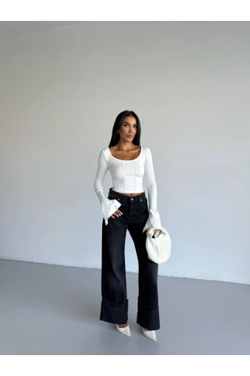 Kadın Beyaz Uzun Kollu Arkası Bağlamalı Fit Kesim Crop Bluz HZL25W-FRY122771