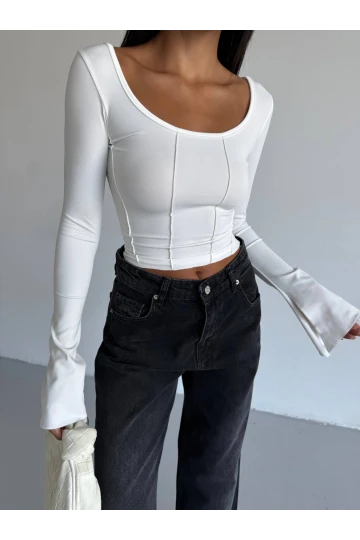 Kadın Beyaz Uzun Kollu Arkası Bağlamalı Fit Kesim Crop Bluz HZL25W-FRY122771