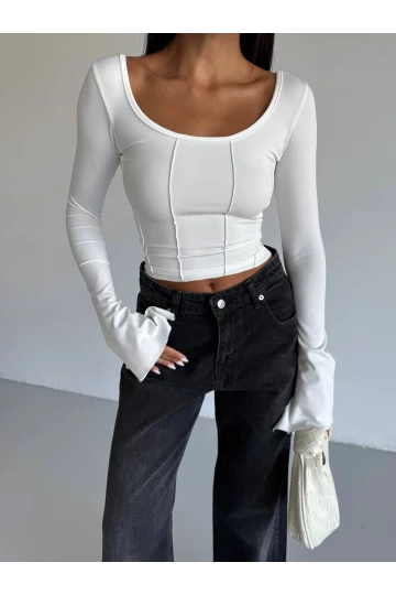 Kadın Beyaz Uzun Kollu Arkası Bağlamalı Fit Kesim Crop Bluz HZL25W-FRY122771