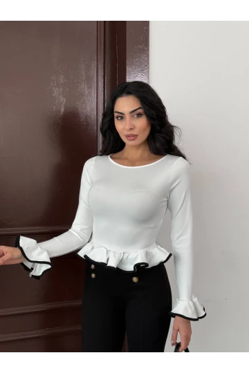 Kadın Beyaz Uzun Kollu Volanlı ve Biyeli Dalgıç Kumaş Bluz HZL25W-FRY123651