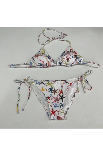 Kadın Beyaz Yıldız Temalı Boyundan İp Bağlamalı Üçgen Bikini Takımı HZL25S-LC5005