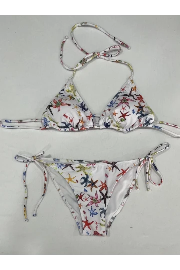 Kadın Beyaz Yıldız Temalı Boyundan İp Bağlamalı Üçgen Bikini Takımı HZL25S-LC5005