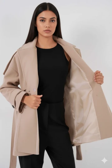 Kadın Bisküvi Premium Midi Boy Astarlı Kaşe Kaban HZL25W-BD191571