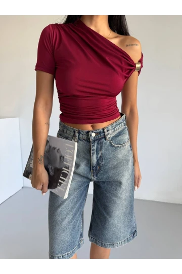 Kadın Bordo Asimetrik Drapelim Omuz Aksesuarlı Sandy Bluz HZL25S-FRY123231