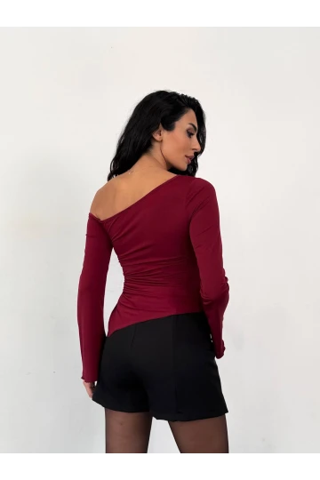 Kadın Bordo Asimetrik Kesim İspanyol Kol Beli Büzgülü Sandy Bluz HZL25W-FRY123591
