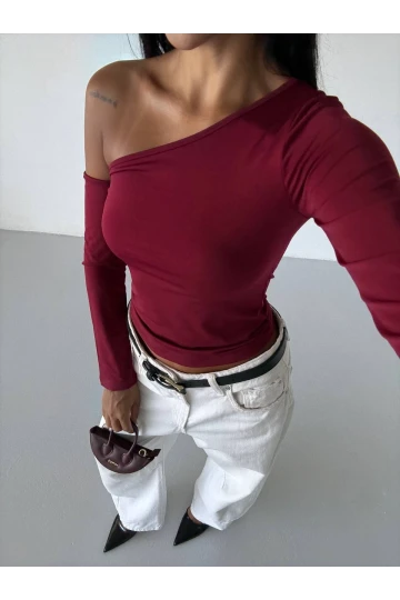 Kadın Bordo Asimetrik Yaka Drapeli Sandy Bluz HZL25S-FRY123361