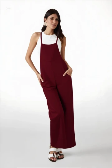Kadın Bordo Ayarlanabilir Askılı Cepli Bol Paça Bahçıvan Tulum Hzl22s-bd170191