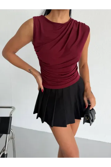 Kadın Bordo Büzgülü Kolsuz Sandy Bluz HZL26W-FRY122751