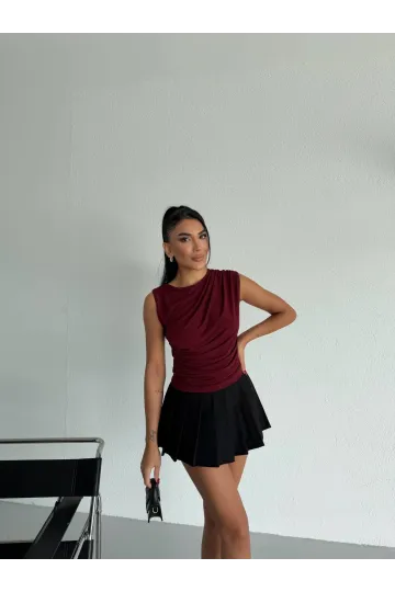 Kadın Bordo Büzgülü Kolsuz Sandy Bluz HZL26W-FRY122751