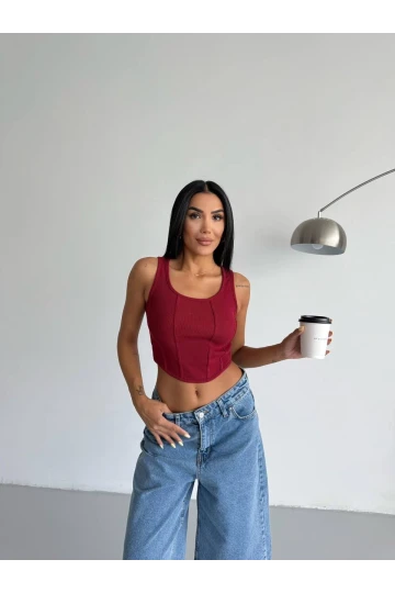 Kadın Bordo Fitilli Kaşkorse Crop Bluz HZL25S-FRY123171