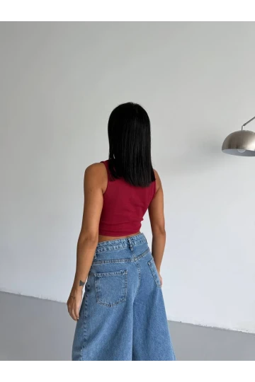 Kadın Bordo Fitilli Kaşkorse Crop Bluz HZL25S-FRY123171