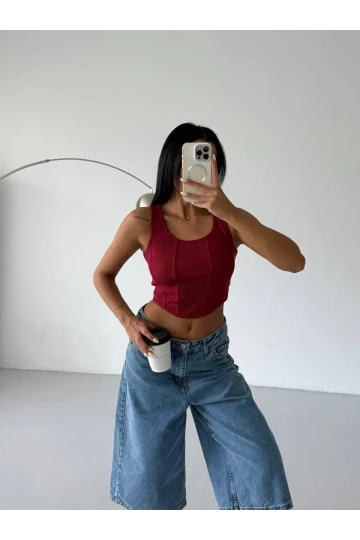Kadın Bordo Fitilli Kaşkorse Crop Bluz HZL25S-FRY123171