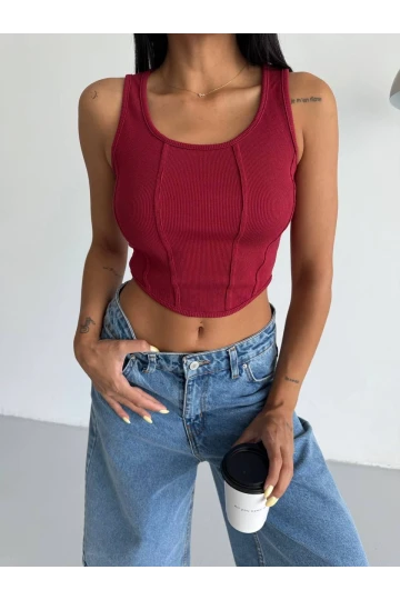 Kadın Bordo Fitilli Kaşkorse Crop Bluz HZL25S-FRY123171