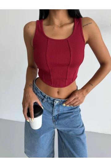 Kadın Bordo Fitilli Kaşkorse Crop Bluz HZL25S-FRY123171